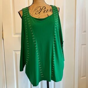 Michael Kors gold studded green cold shoulder batwing stretchy blouse XL